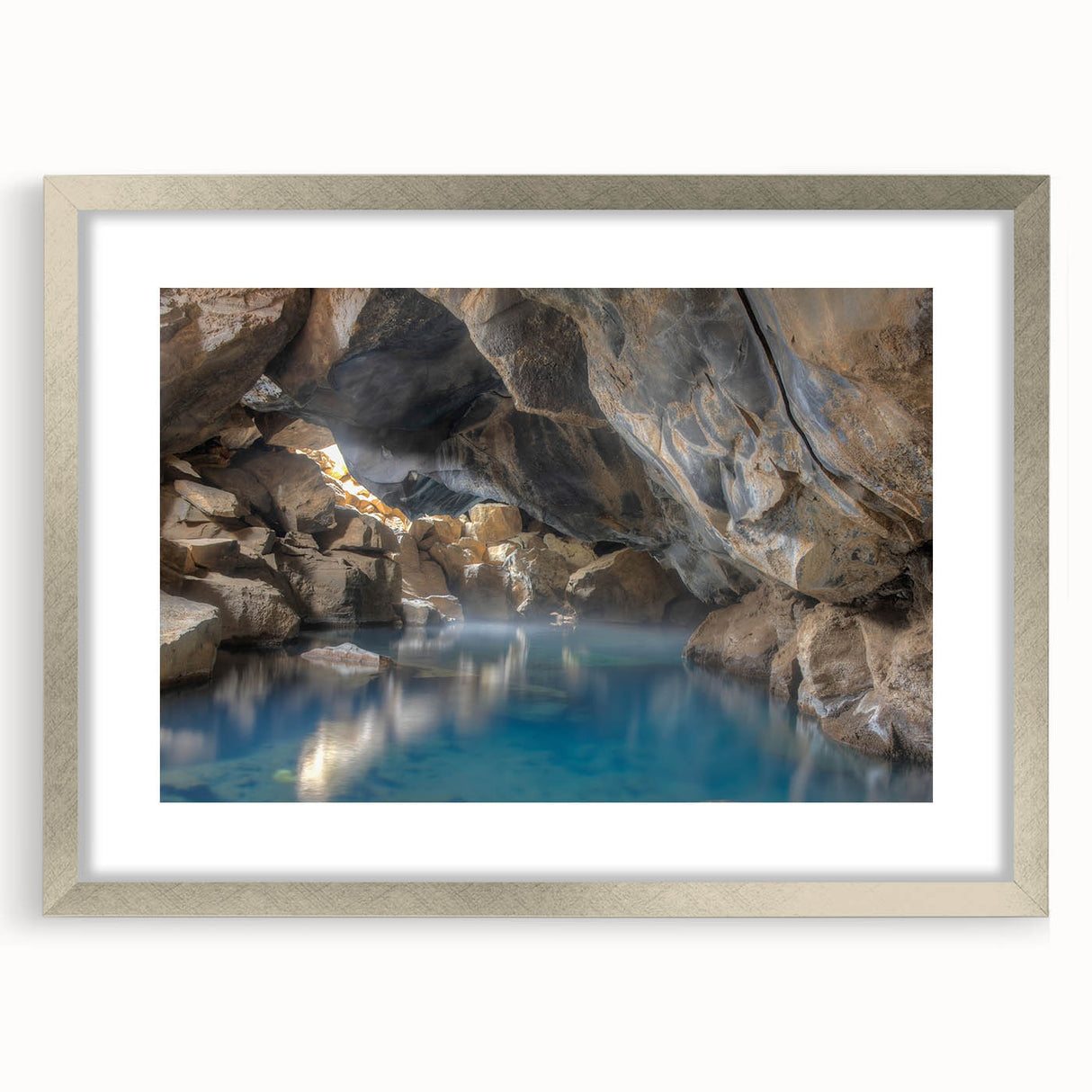 Framed wall art featuring a serene hot spring landscape design with a silver mat and frame, ideal for adding a tranquil touch to home decor.