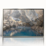 Framed wall art featuring a serene hot spring landscape design with vibrant colors and intricate details, set in a sleek silver frame for modern decor appeal.