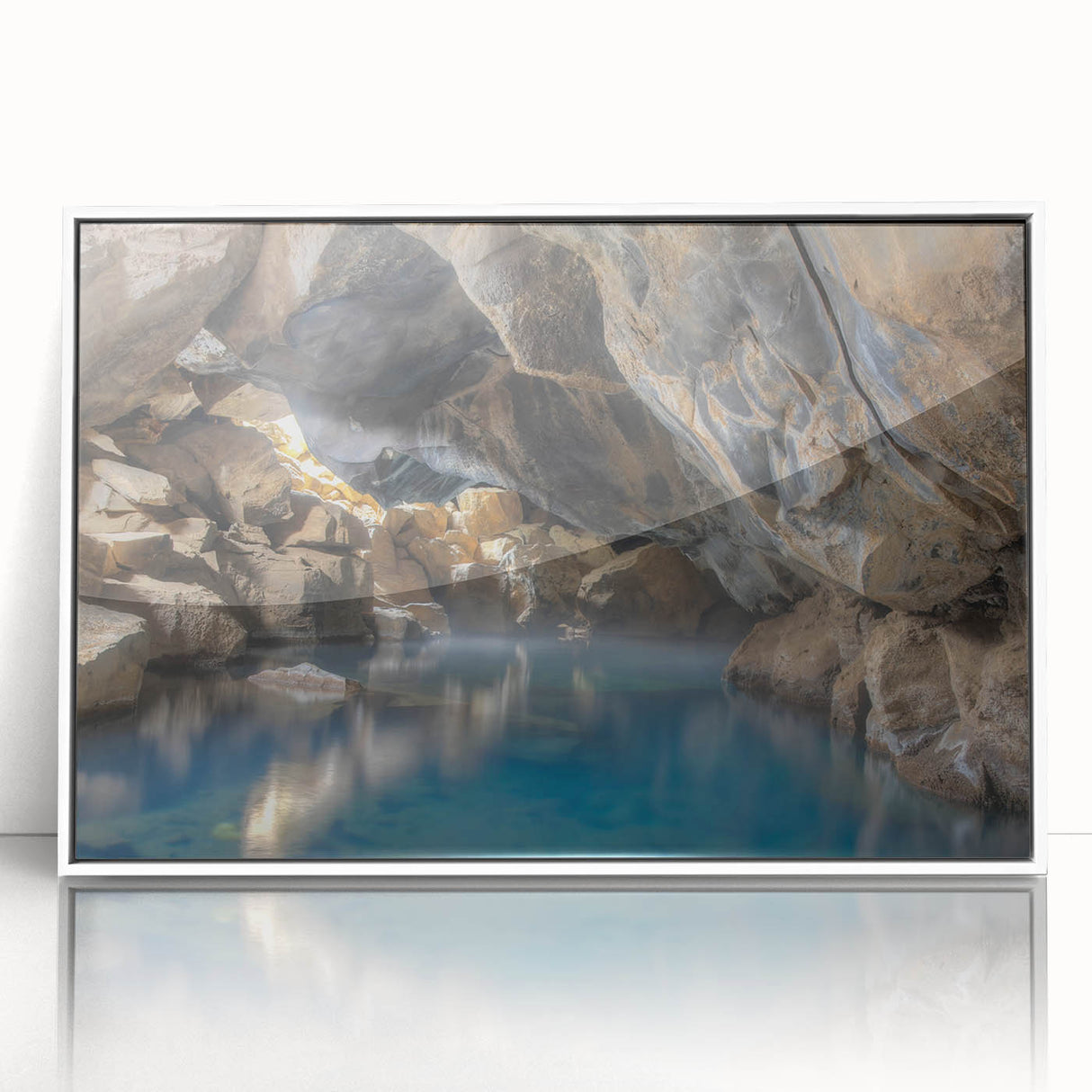 Framed wall art featuring a serene hot spring landscape design, showcasing vibrant colors and intricate details, perfect for enhancing home decor.
