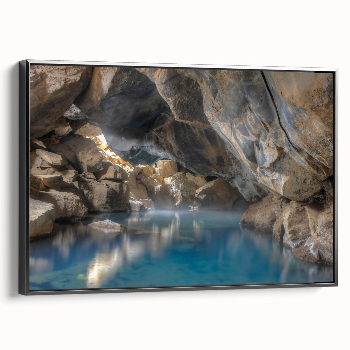Framed canvas wall art showcasing a serene hot spring landscape design, featuring vibrant colors and intricate details, presented from a side view on a black frame.