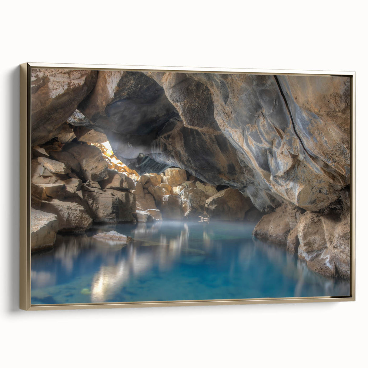 Framed canvas wall art showcasing a serene hot spring landscape design with vibrant colors and gold accents, perfect for home decor and relaxation.