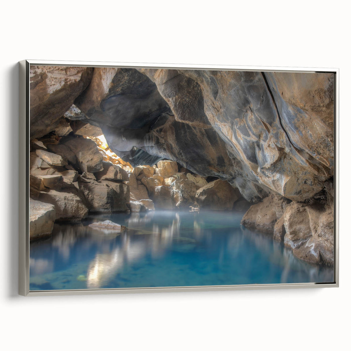 Framed wall art piece showcasing a serene hot spring landscape design, featuring vibrant colors and a silver frame, perfect for enhancing interior decor.