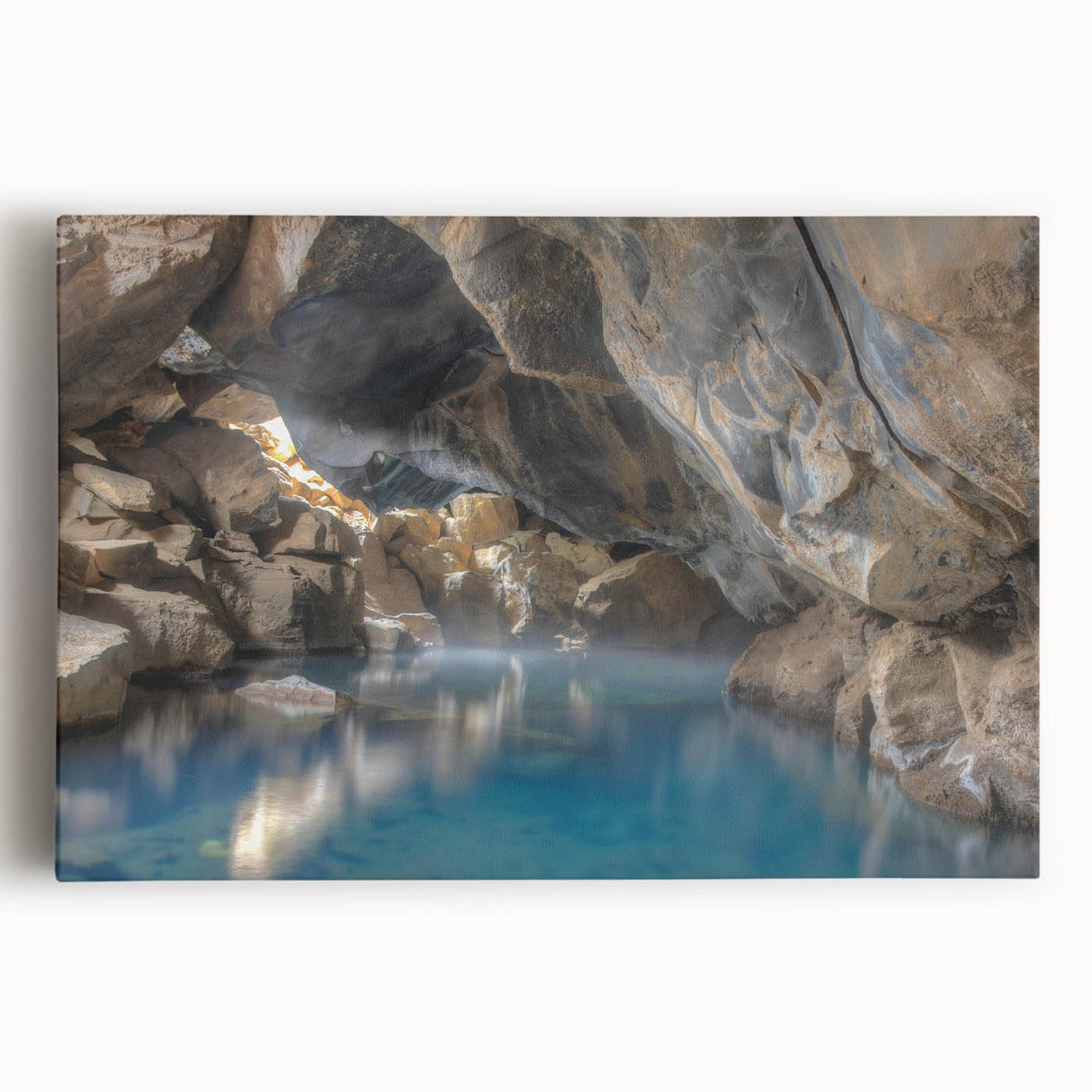 Stretched canvas wall art depicting a serene hot spring landscape, featuring vibrant colors and natural elements, perfect for enhancing any home decor.