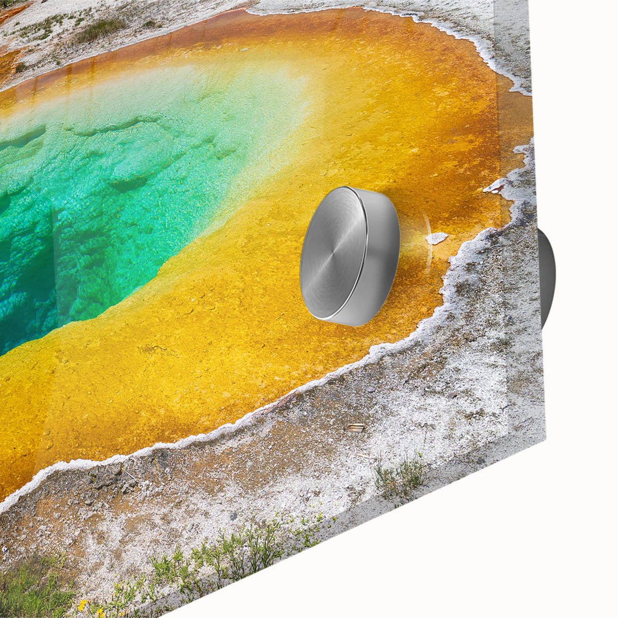 Close-up view of a vibrant acrylic glass wall art piece showcasing a serene hot spring landscape design, featuring soothing colors and intricate details, perfect for enhancing any modern decor.