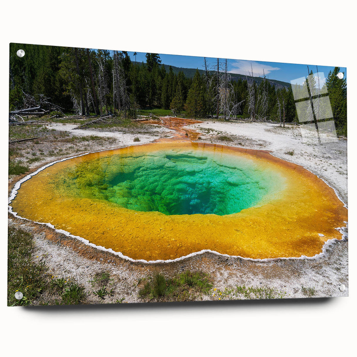Acrylic glass wall art piece showcasing a serene hot spring landscape design, featuring vibrant colors and intricate details, ideal for modern home decor.