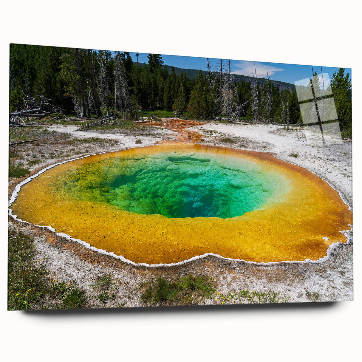 Acrylic wall art featuring a serene hot spring landscape design, showcasing vibrant colors and intricate details, displayed in a side view without pins, perfect for home decor.