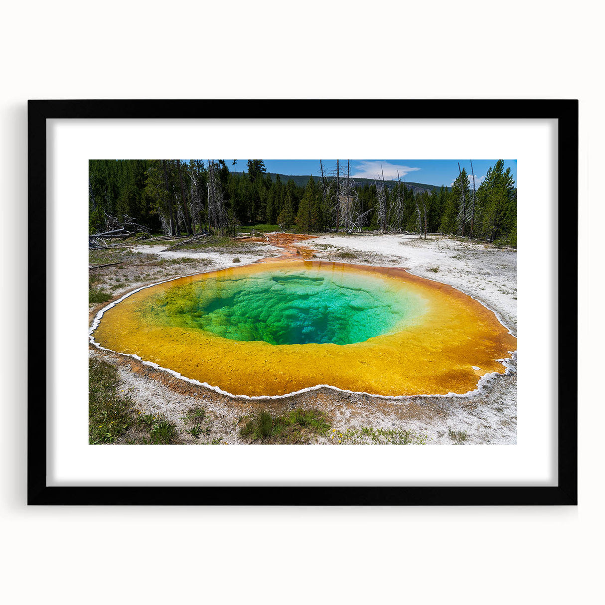 Black-framed wall art featuring a serene hot spring landscape design, showcasing vibrant colors and intricate details, perfect for home decor and relaxation themes.