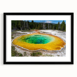 Black-framed wall art featuring a serene hot spring landscape design, showcasing vibrant colors and intricate details, perfect for home decor and relaxation themes.