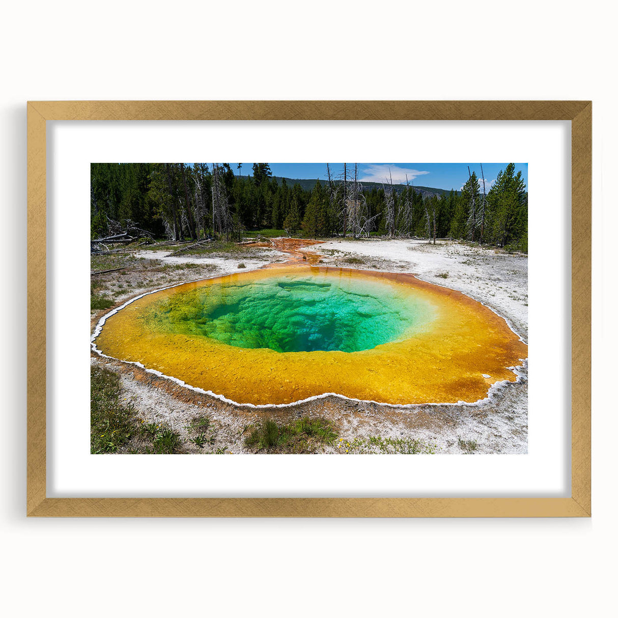Framed wall art showcasing a serene hot spring landscape design, featuring vibrant colors and a gold mat, perfect for enhancing home decor aesthetics.