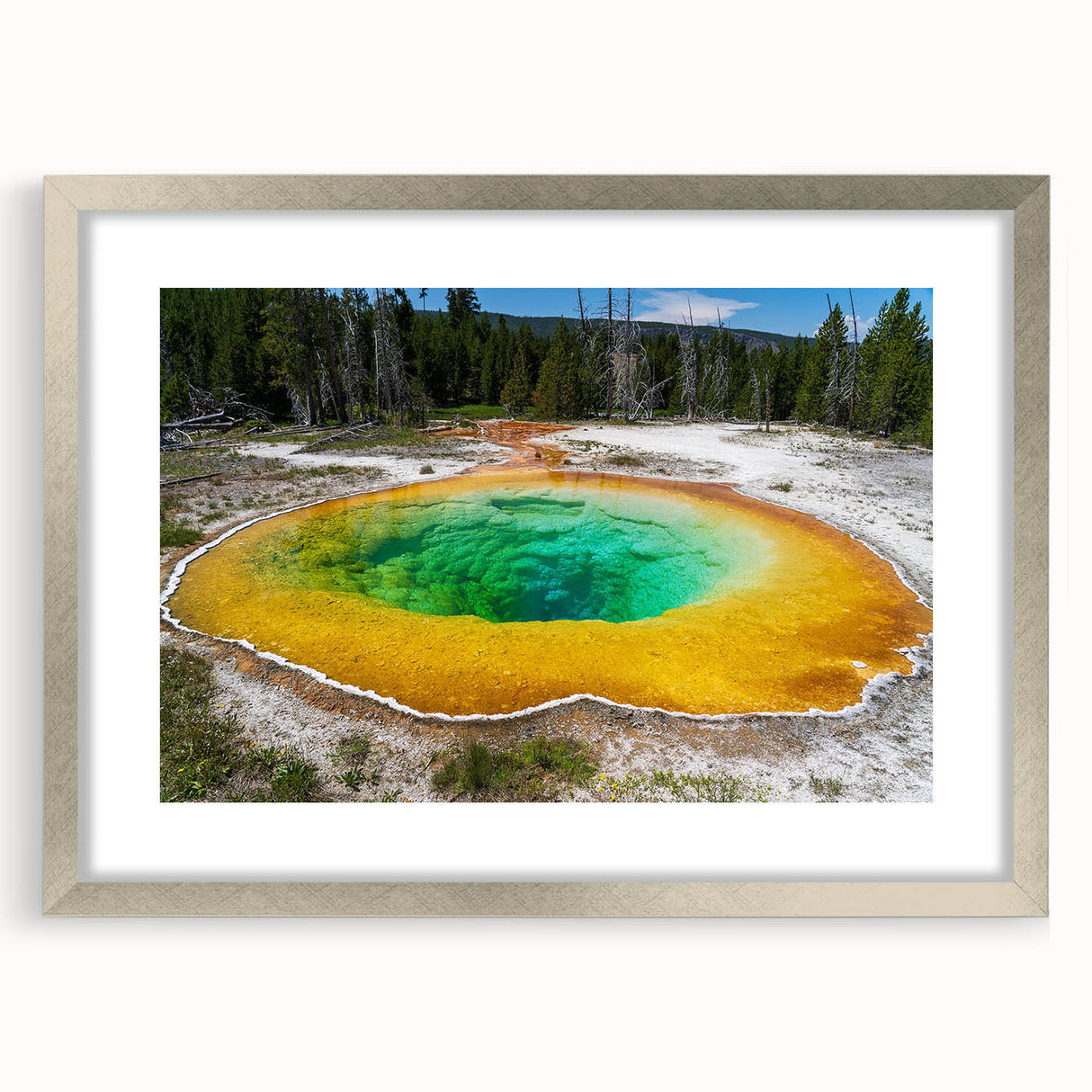 Framed wall art featuring a serene hot spring landscape design, elegantly matted and set in a sleek silver frame, ideal for home decor and relaxation themes.