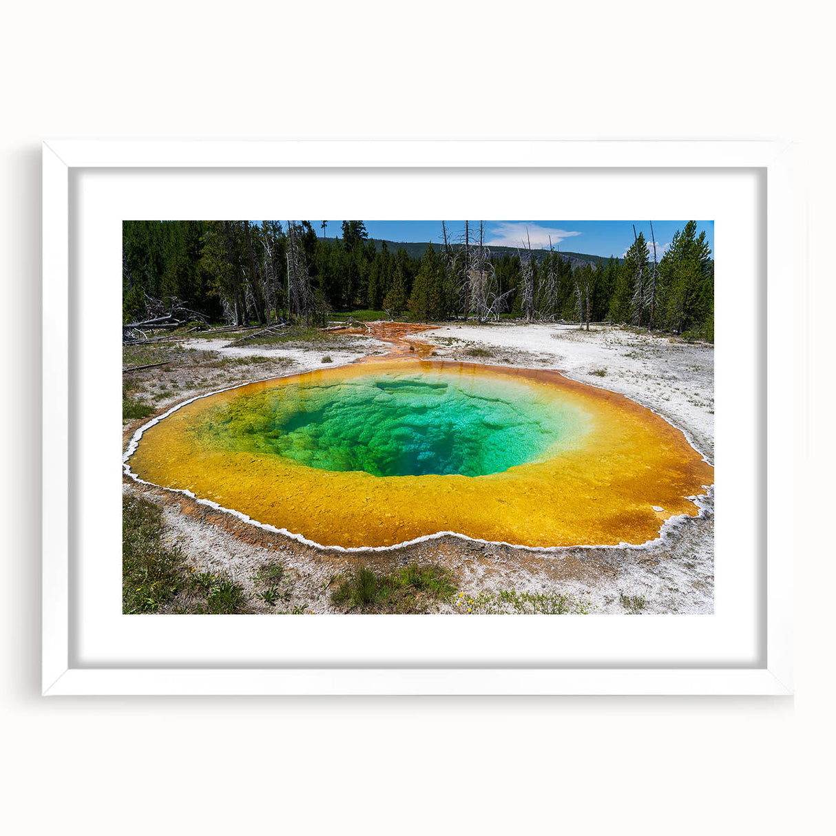 Framed wall art showcasing a serene hot spring landscape, featuring vibrant colors and a white mat, ideal for enhancing home décor with a calming natural scene.