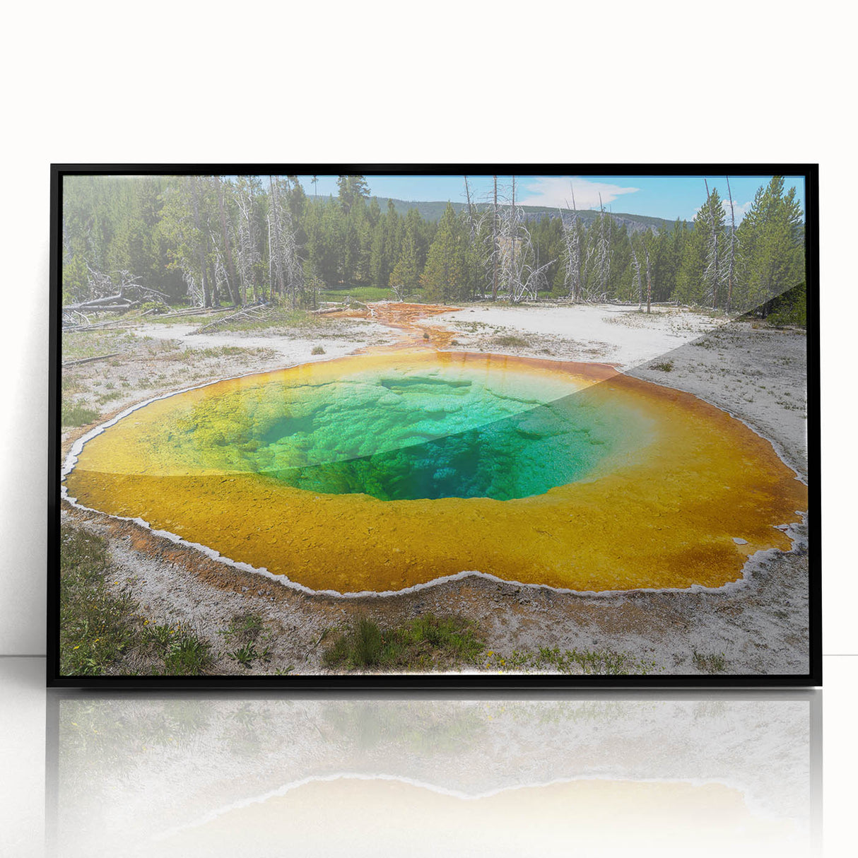 Framed acrylic wall art showcasing a serene hot spring landscape, featuring vibrant colors and intricate details, perfect for enhancing home decor aesthetics.