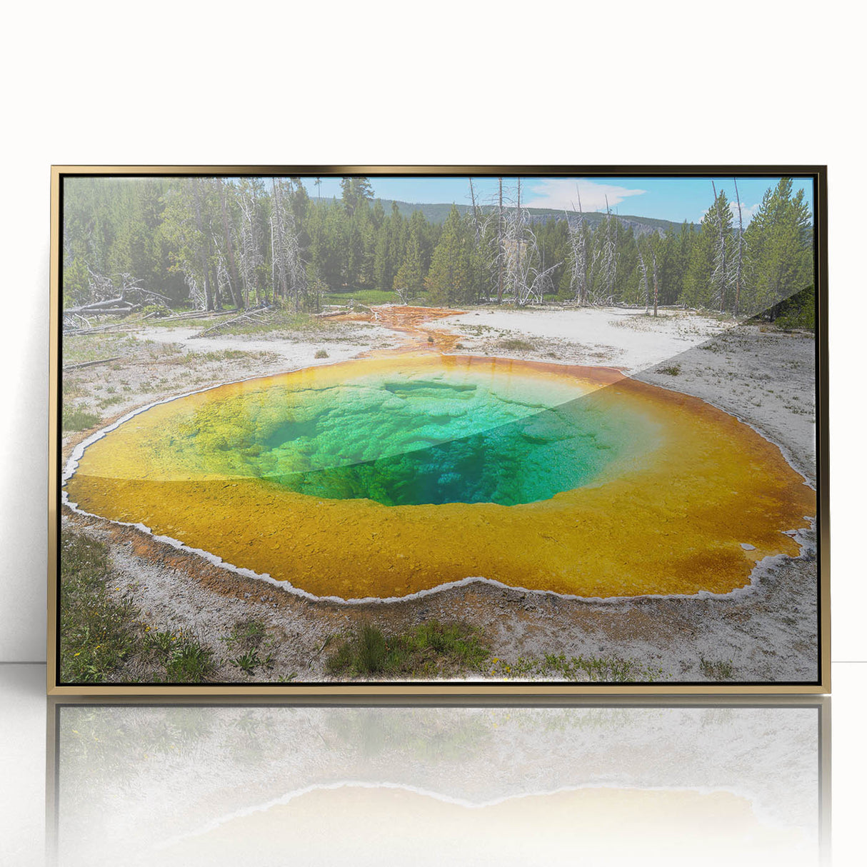Framed acrylic wall art depicting a serene hot spring landscape, featuring vibrant colors and gold accents, ideal for home decor and relaxation-inspired spaces. Perfect for enhancing any interior with a calming nature theme.
