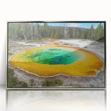 Framed acrylic artwork showcasing a serene hot spring landscape with vibrant colors and intricate details, perfect for enhancing modern home decor.
