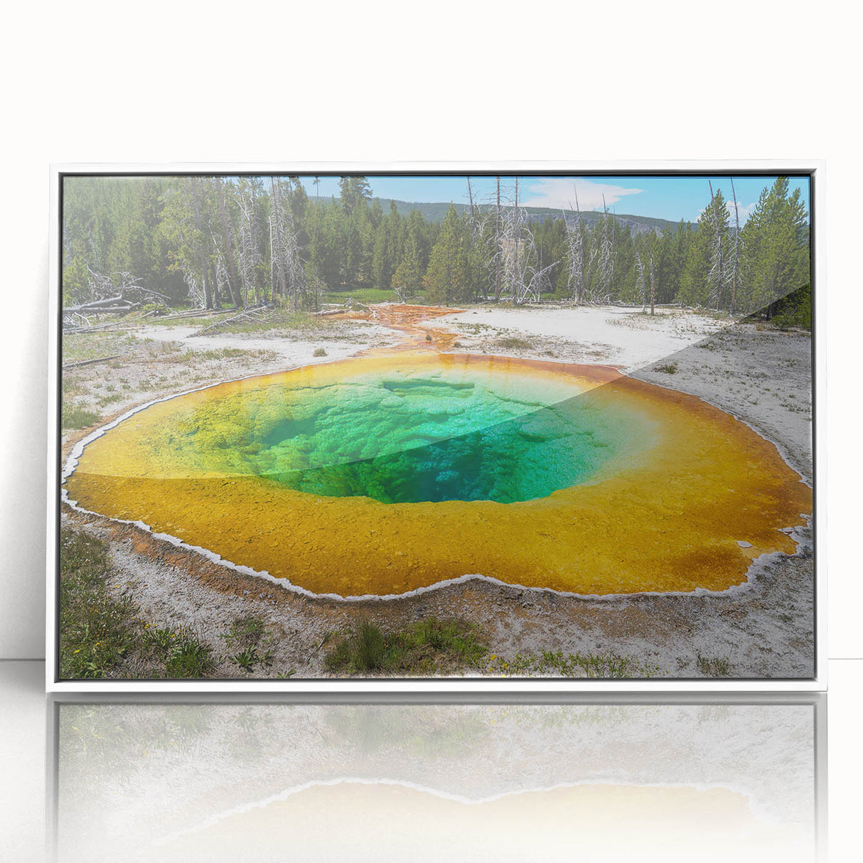 Framed wall art featuring a serene hot spring landscape design, displayed in a sleek white frame, perfect for adding a tranquil touch to home decor.