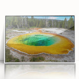 Framed wall art featuring a serene hot spring landscape design, displayed in a sleek white frame, perfect for adding a tranquil touch to home decor.