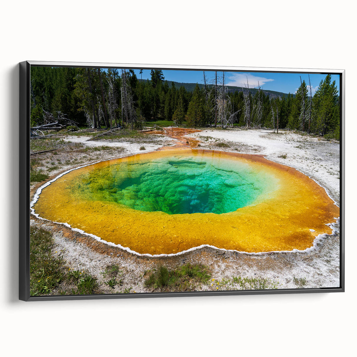 Framed canvas wall art showcasing a serene hot spring landscape design with vibrant colors and intricate details, perfect for home decor enhancement and relaxation themes.