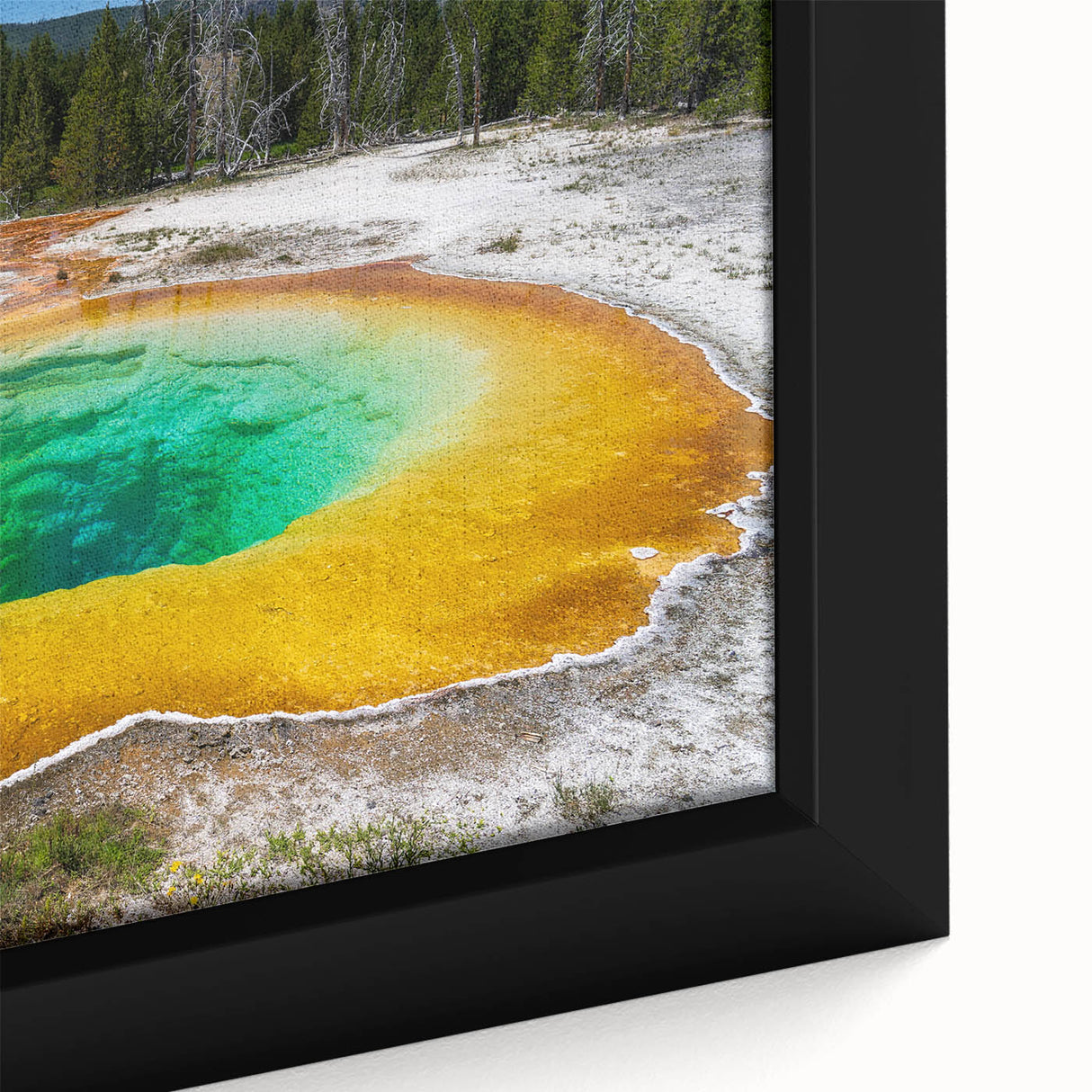Framed canvas wall art depicting a serene hot spring landscape with vibrant colors and intricate details, ideal for adding a calming ambiance to any room.