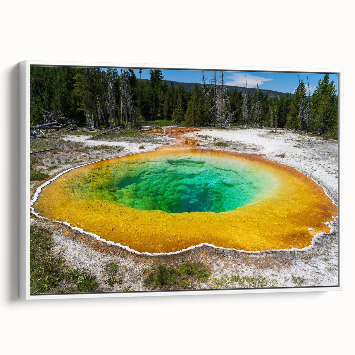 Framed canvas wall art showcasing a serene hot spring landscape design, featuring lush greenery and vibrant colors, ideal for home decor and relaxation.