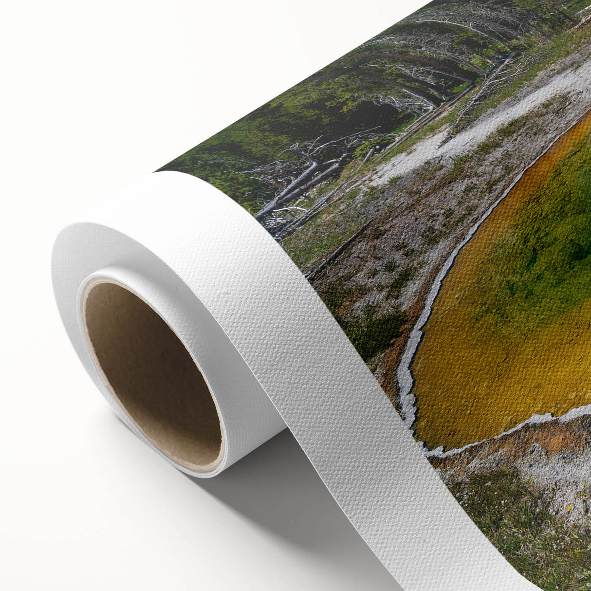 Rolled canvas art showcasing a serene hot spring landscape, featuring vibrant greens and blues. Ideal for home decor, it adds a calming touch to any space.