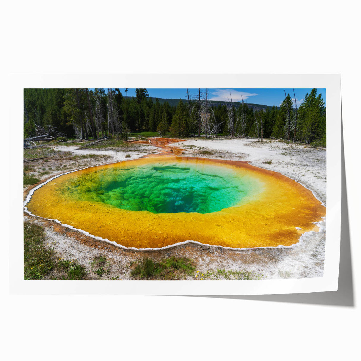 Vibrant hot spring landscape art print showcasing soothing colors of blue and green, rolled for easy display, ideal for home or office decor.