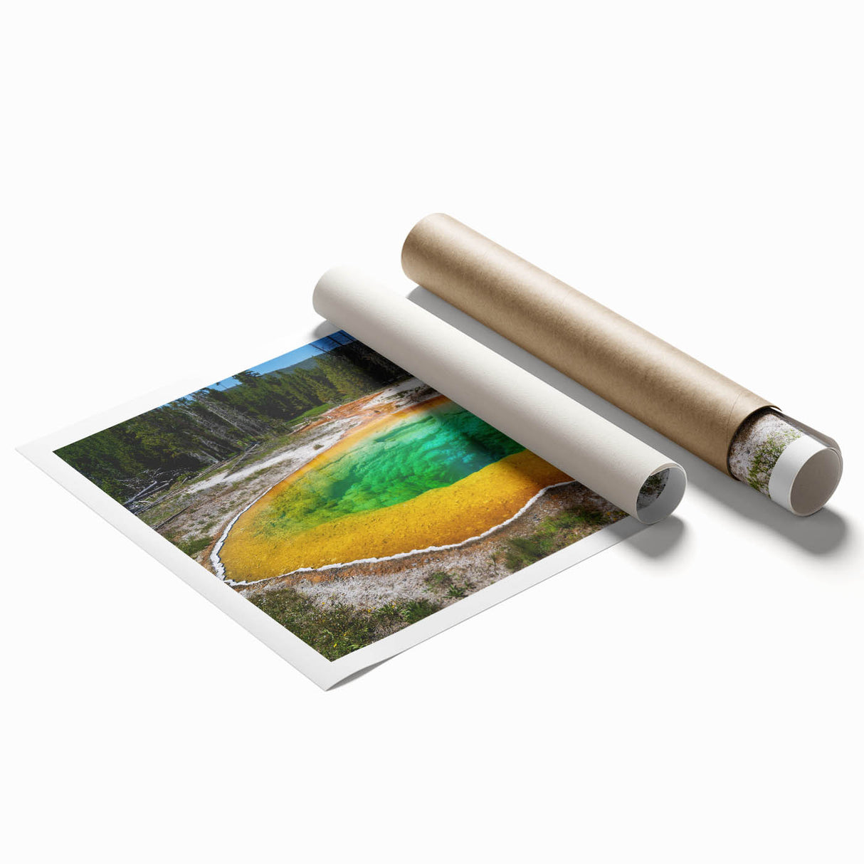 Vibrant landscape artwork featuring a serene hot spring scene, showcasing lush greenery and calming water, rolled for easy transport and display. Perfect for nature-themed decor.