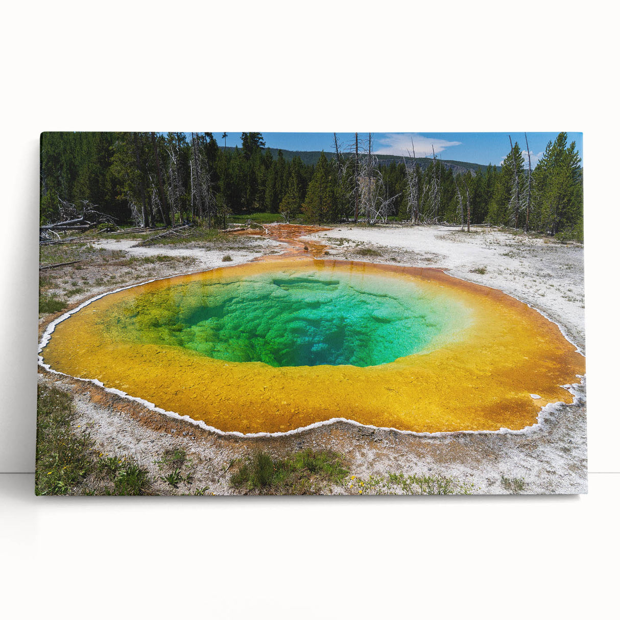 Stretched canvas wall art showcasing a serene hot spring landscape with vibrant colors, perfect for enhancing home decor and creating a calming atmosphere.