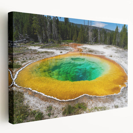 Stretched canvas wall art showcasing a serene hot spring landscape design, featuring vibrant colors and intricate details, perfect for home decor.