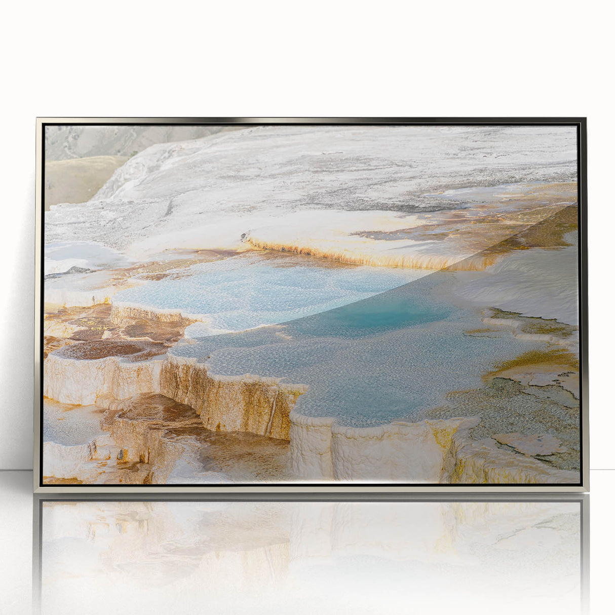 Framed acrylic wall art showcasing a serene hot spring landscape design, featuring vibrant colors and intricate details, perfect for home decor enhancement.