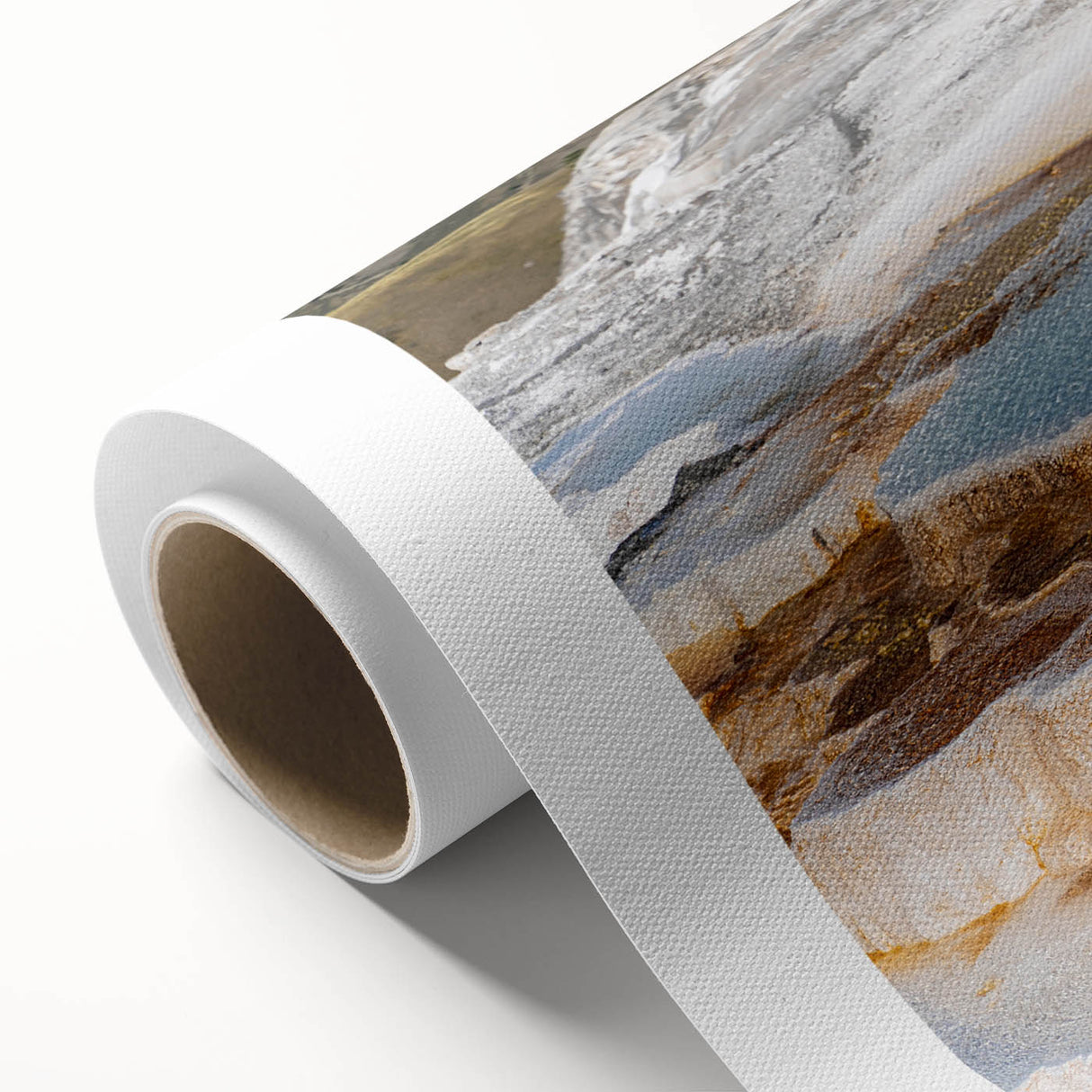 Rolled canvas artwork showcasing a serene hot spring landscape design with vibrant colors, featuring lush greenery and tranquil water, ideal for enhancing home decor.