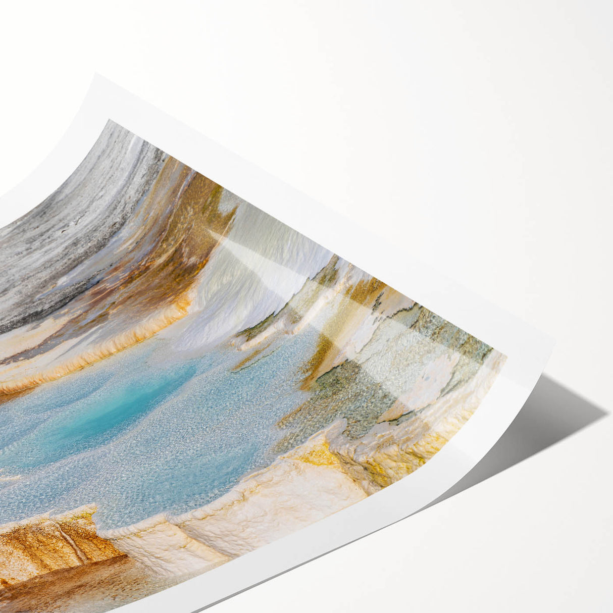 Stunning rolled print of a serene hot spring landscape, showcasing vibrant colors and intricate details, ideal for home decor or art collection.