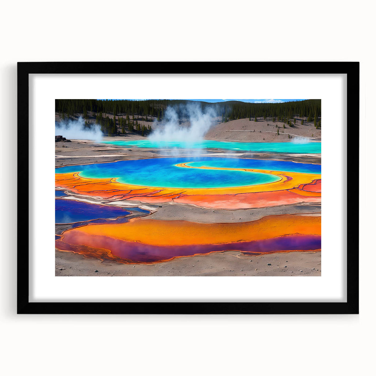 Framed wall art depicting a serene hot spring landscape with lush greenery and soft blue water, presented in a sleek black frame with a white mat. Perfect for home decor.