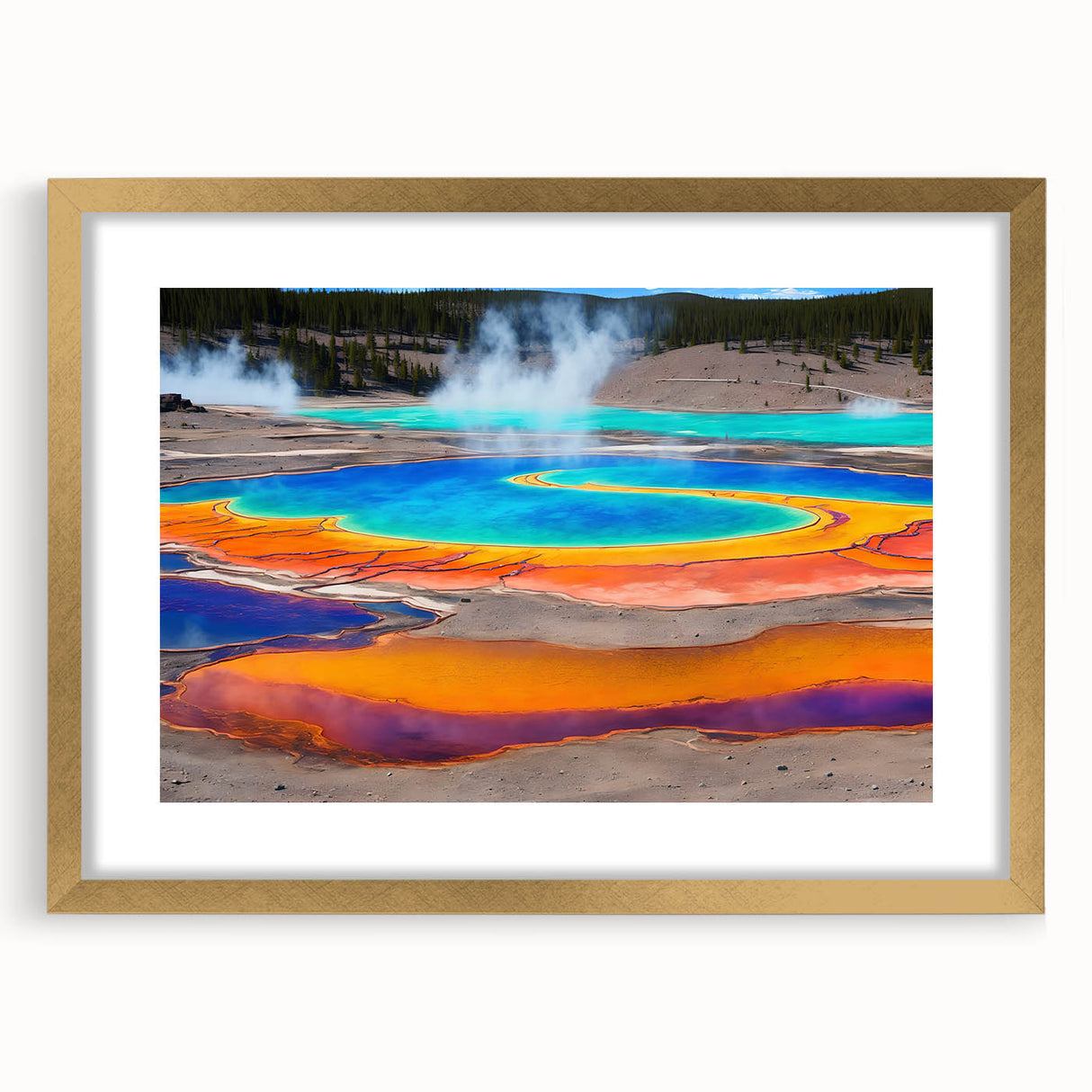 Framed wall art featuring a serene hot spring landscape design in a gold frame with a mat, ideal for enhancing home decor with nature-inspired elegance.