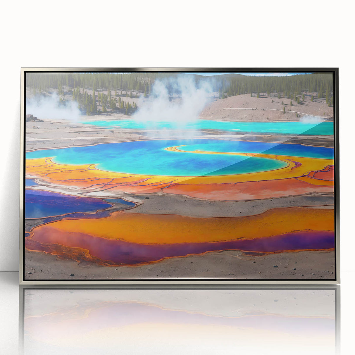 Framed acrylic wall art showcasing a serene hot spring landscape design with silver accents, perfect for enhancing modern home decor.