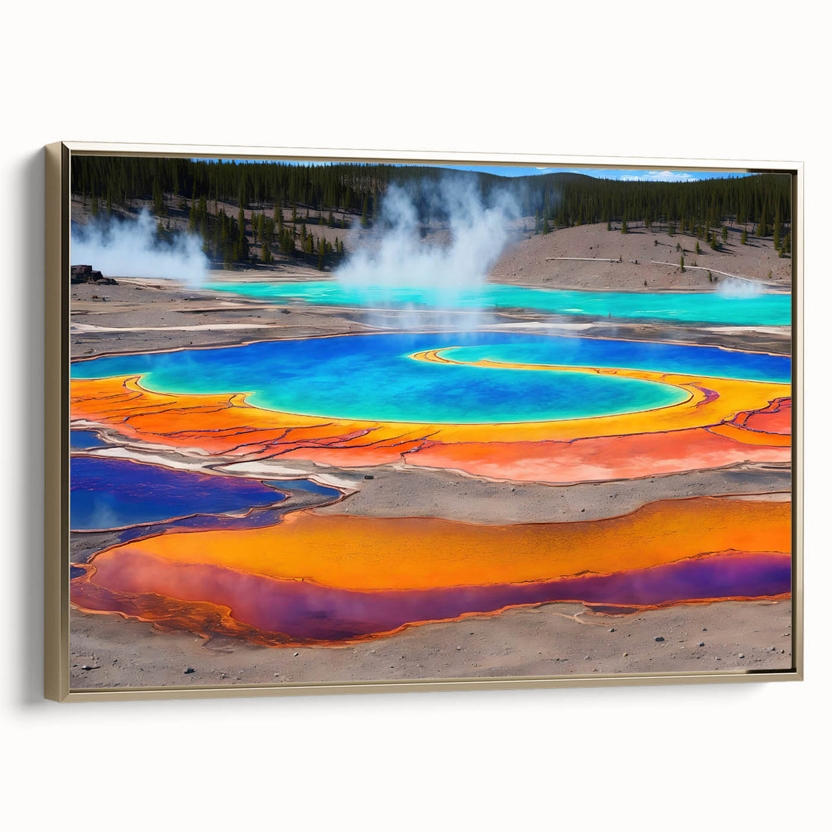 Framed wall art featuring a serene hot spring landscape design, with vibrant colors and gold accents, perfect for enhancing home decor and creating a tranquil ambiance.