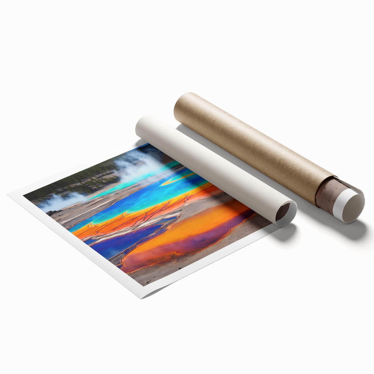 Rolled print of a serene hot spring landscape featuring vibrant turquoise waters, lush greenery, and a tranquil mountain backdrop, ideal for home decor.