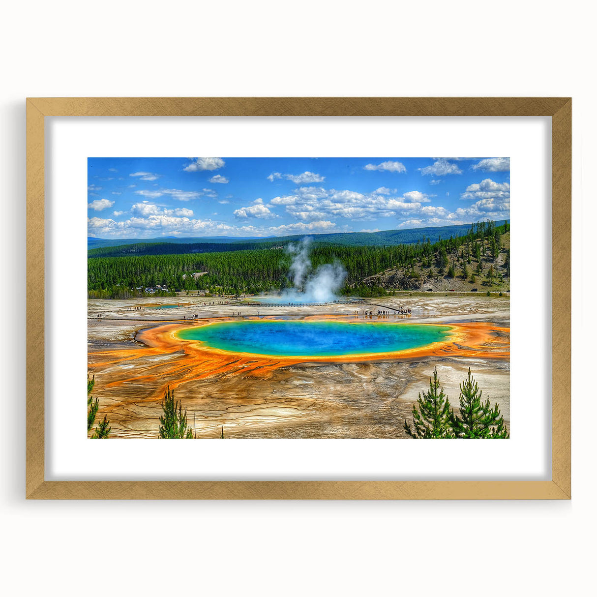 Framed wall art collection showcasing a serene hot spring landscape design in a gold frame with a mat, perfect for adding elegance to home decor.