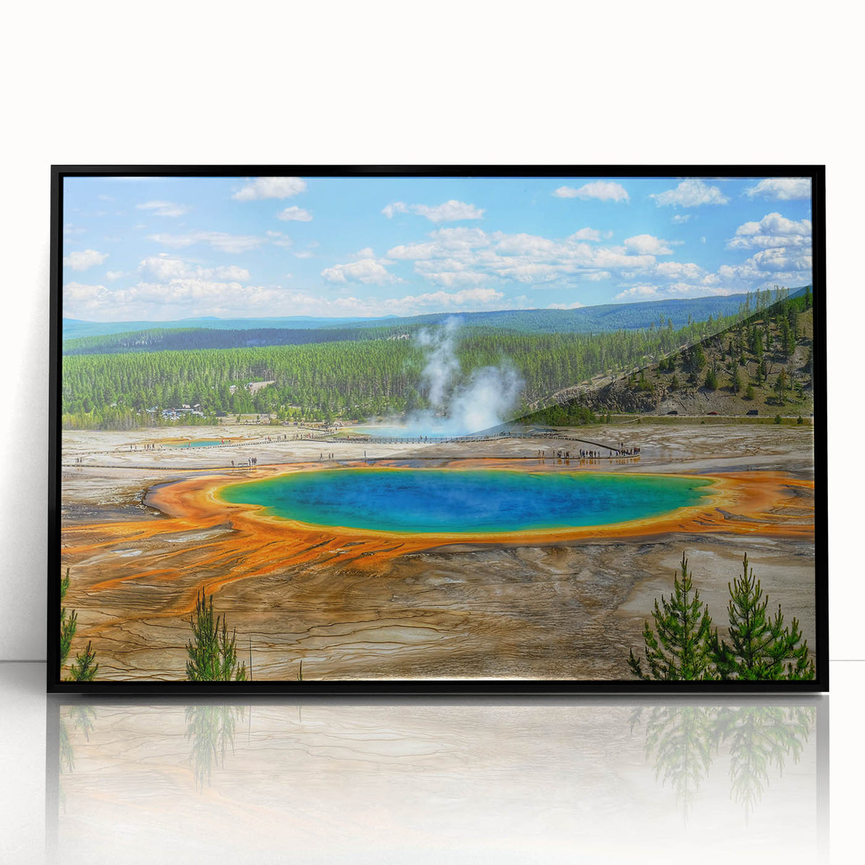 Framed acrylic wall art featuring a serene hot spring landscape design with lush greenery and tranquil water in a sleek black frame, perfect for home decor.