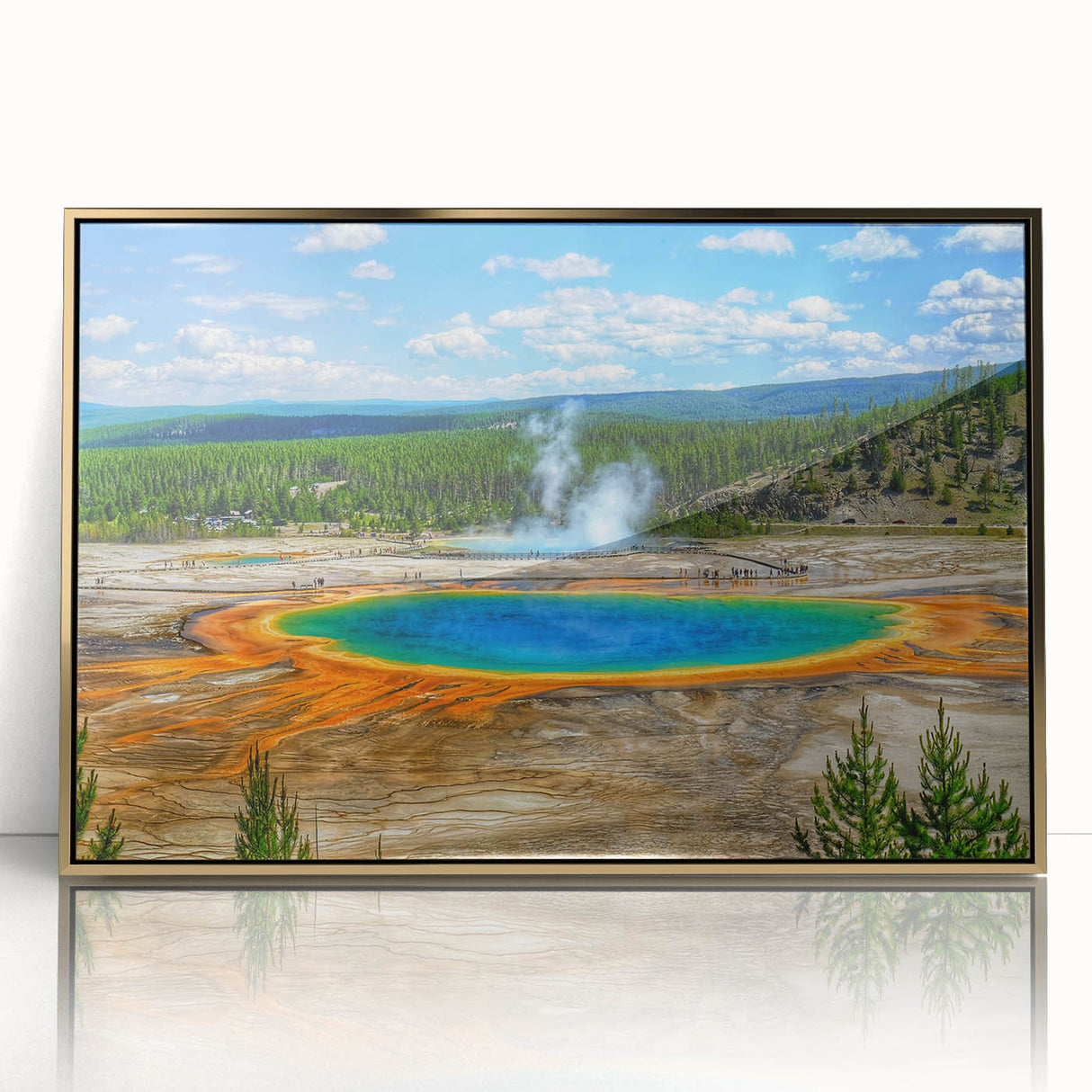 Framed wall art featuring a serene hot spring landscape design with golden accents, showcasing vibrant colors and intricate details, perfect for home decor.