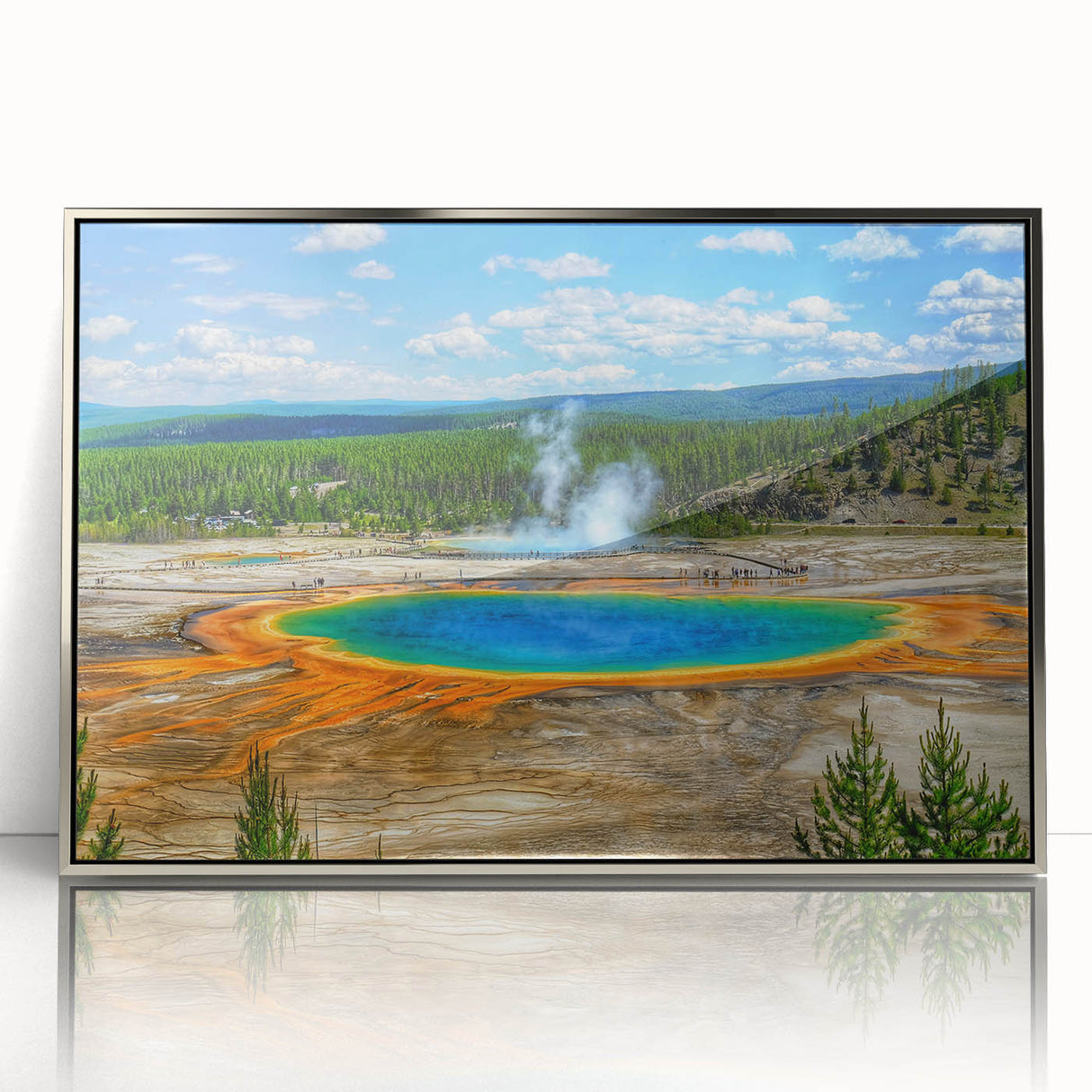 Framed wall art showcasing a serene hot spring landscape design, featuring vibrant colors and sleek silver accents, perfect for enhancing modern home decor.