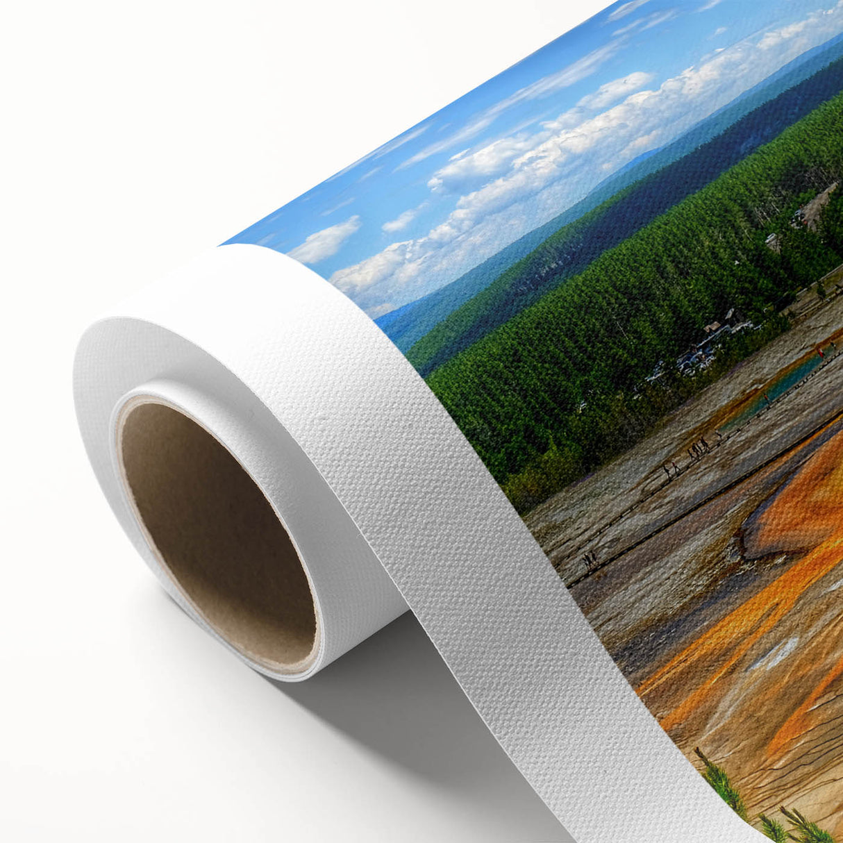 Rolled canvas showcasing a vibrant hot spring landscape design, featuring rich colors and intricate details, ideal for home decor or art collection.