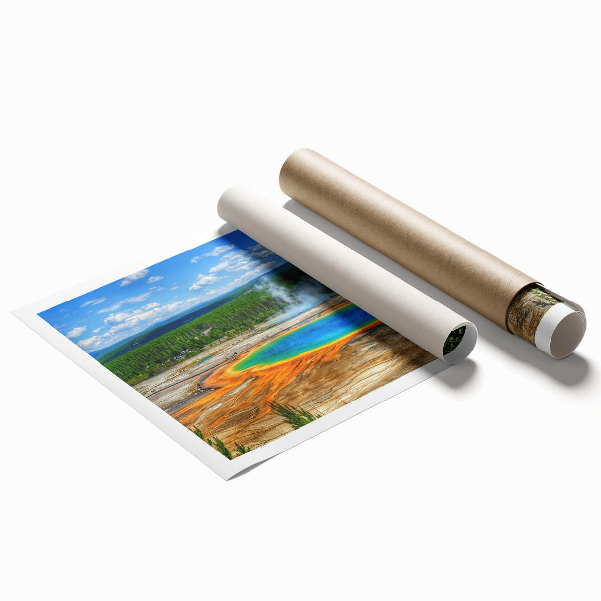 Vibrant rolled print showcasing a serene hot spring landscape design, perfect for home decor. Features rich colors and intricate details, ideal for nature lovers.