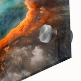 Close-up of a vibrant acrylic glass artwork depicting a serene hot spring landscape, showcasing intricate details and rich colors, perfect for modern home decor.