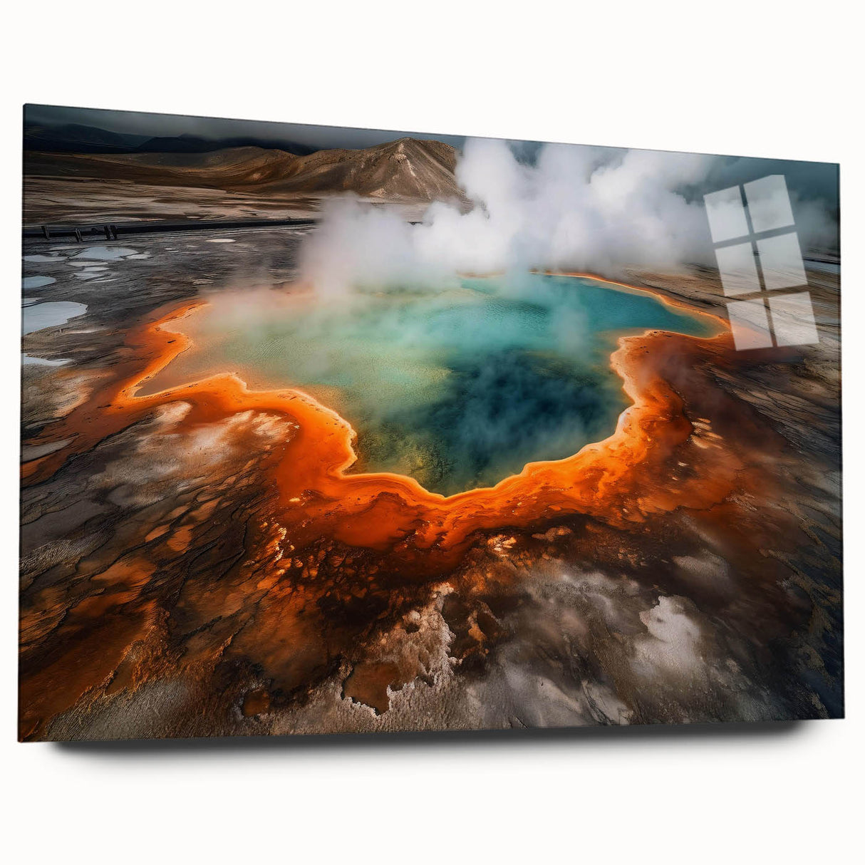Side view of a modern acrylic glass wall art piece showcasing vibrant hot spring landscapes, perfect for home decor, highlighting rich colors and intricate details.