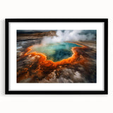 Framed wall art showcasing a serene hot spring landscape design, featuring a black mat and sleek black frame, ideal for enhancing modern home decor.