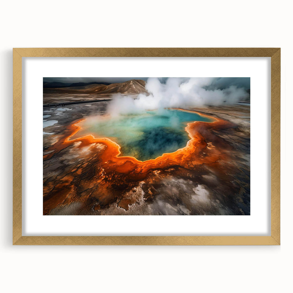 Elegant gold-framed landscape wall art featuring a serene hot spring design, showcasing vibrant colors and intricate details, perfect for enhancing home decor.