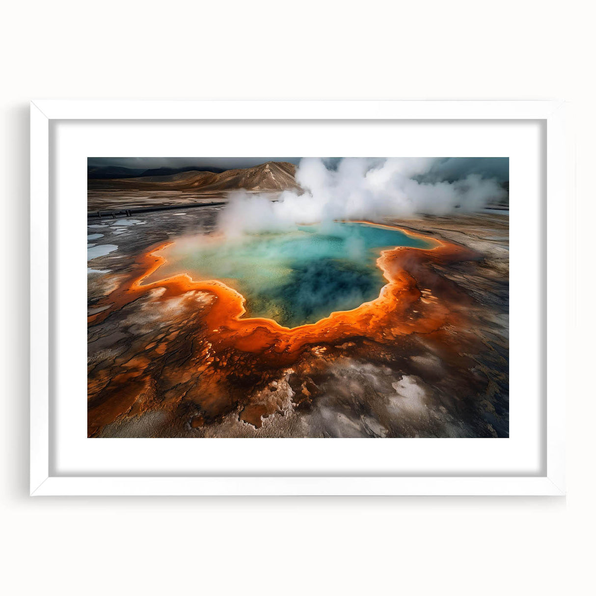 Framed wall art collection featuring serene hot spring landscape design with a white mat and sleek frame, showcasing calming nature colors for home decor.