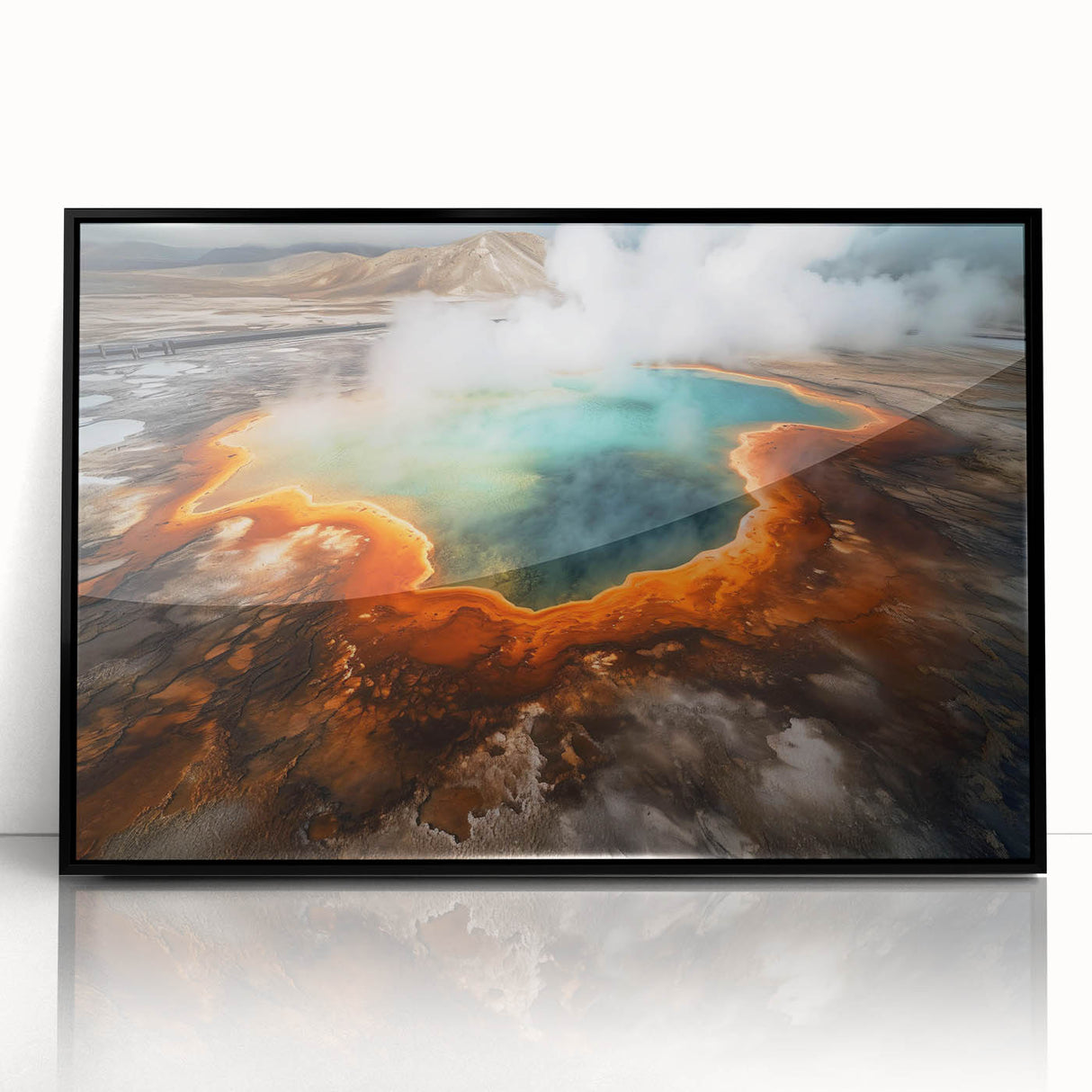 Framed acrylic wall art featuring a serene hot spring landscape design, showcasing vibrant colors and intricate details, perfect for modern home decor.