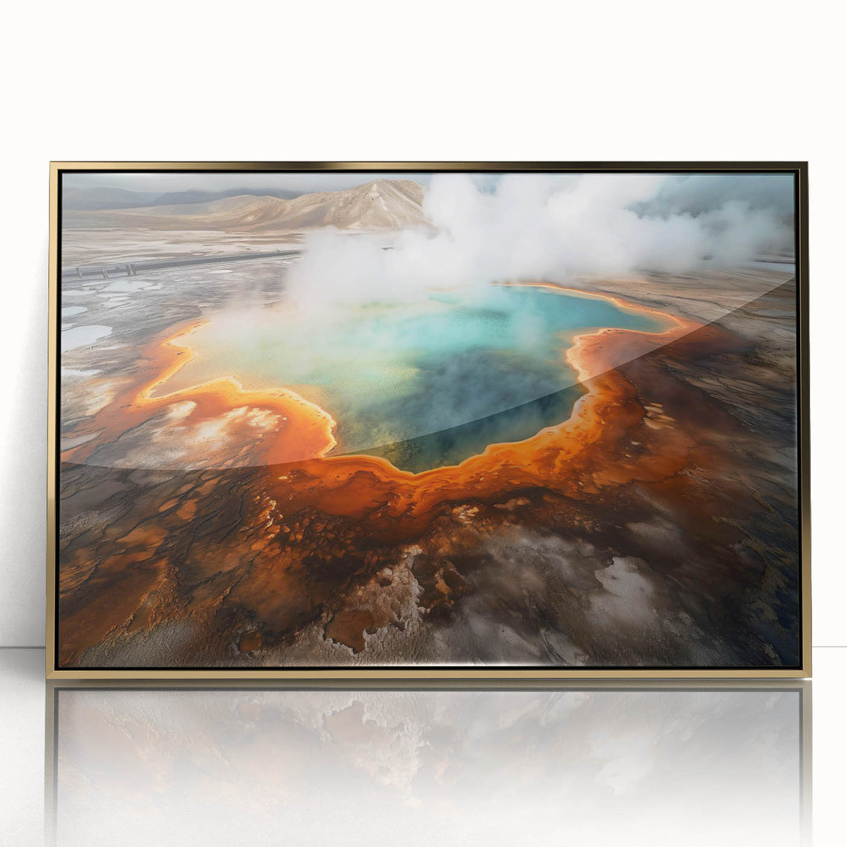 Framed acrylic wall art featuring a serene hot spring landscape with golden accents. The design showcases vibrant colors and intricate details, perfect for enhancing home decor.