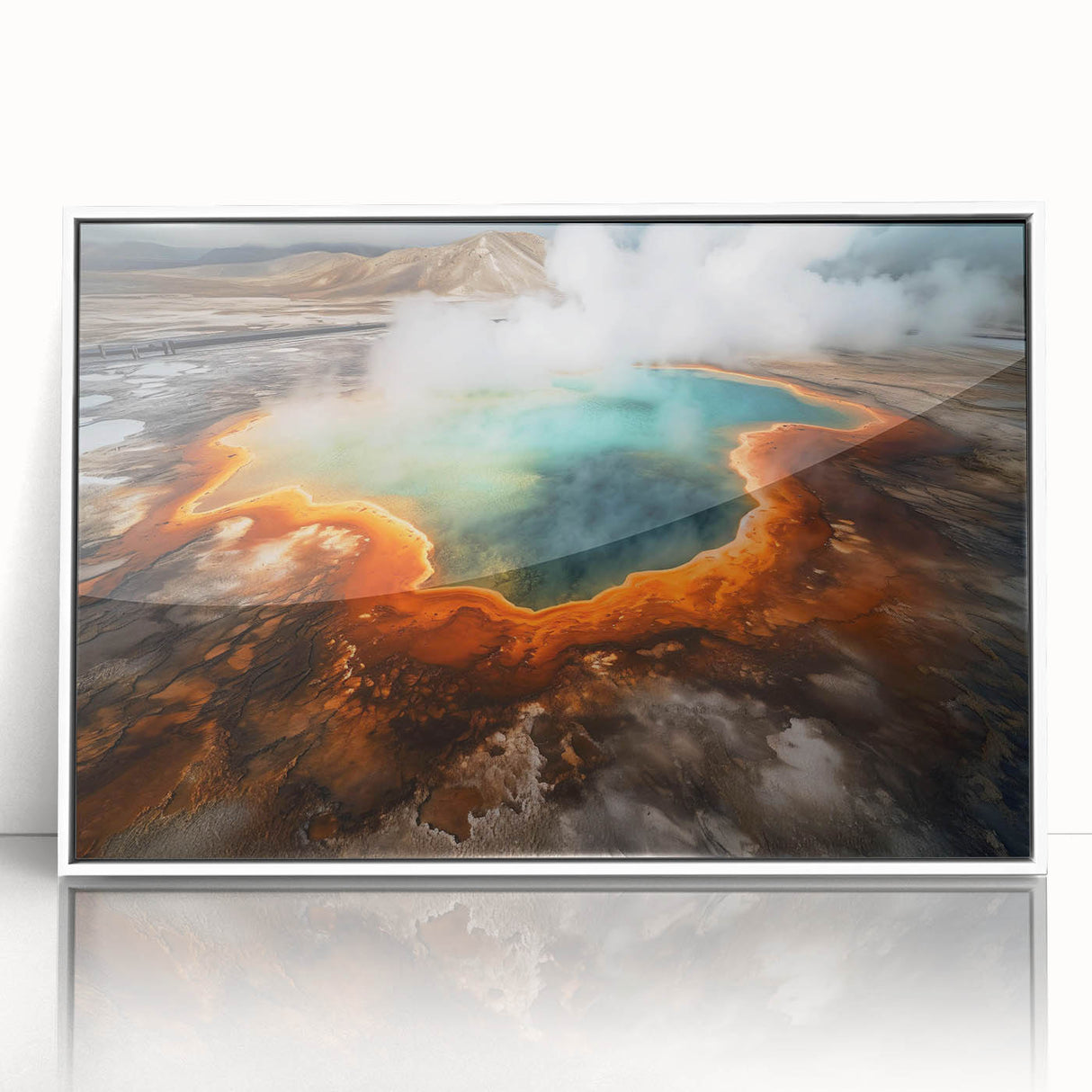 Framed wall art collection featuring a serene hot spring landscape design with vibrant colors and acrylic finish, elegantly displayed in a white frame.